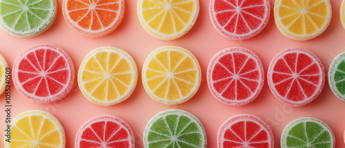 Colorful gummy candies shaped like citrus fruits arranged in a vibrant display, perfect for a sweet treat or dessert decoration on a pastel background. photo