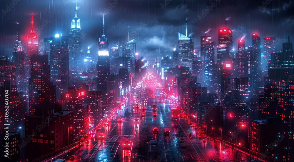 Night city illuminated by bright lanterns, created with Generative AI technology Night city illuminated by bright lanterns, created with Generative AI technology