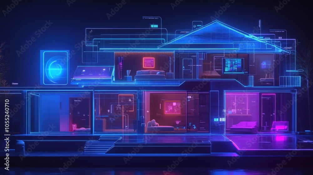 A futuristic home with AI-powered devices that automatically adjust lighting, temperature A futuristic home with AI-powered devices that automatically adjust lighting, temperature