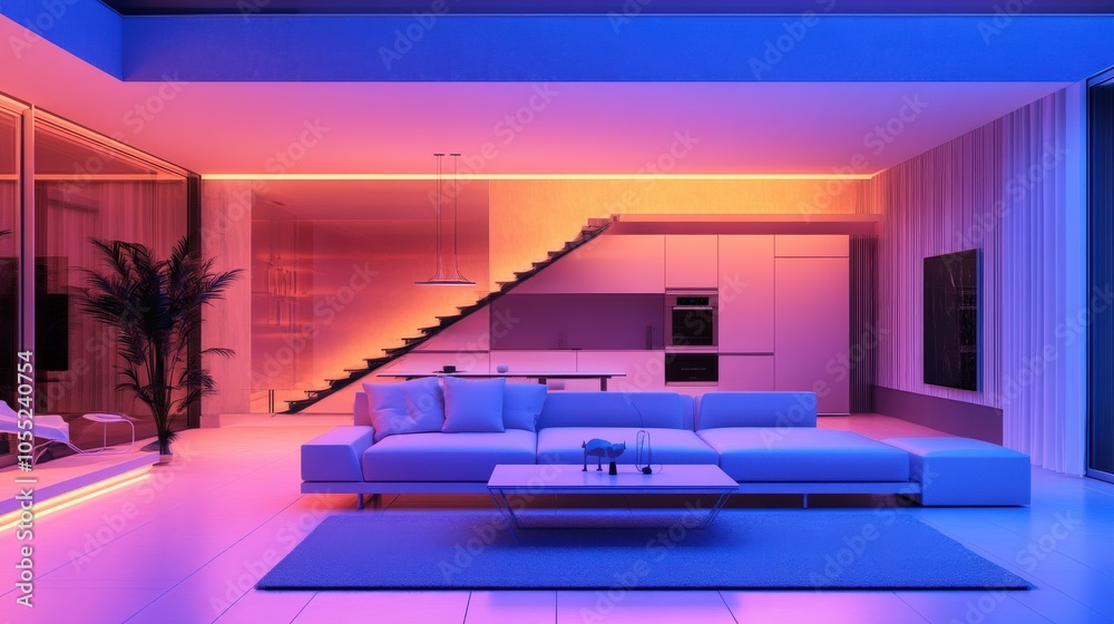 A futuristic home with AI-powered devices that automatically adjust lighting, temperature