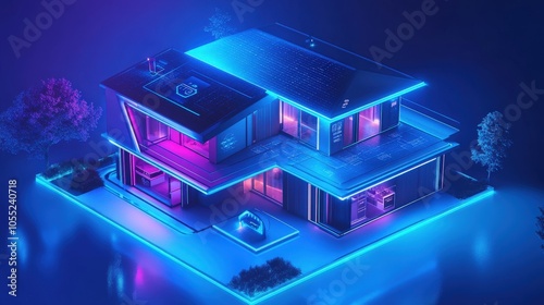 A futuristic home with AI-powered devices that automatically adjust lighting, temperature