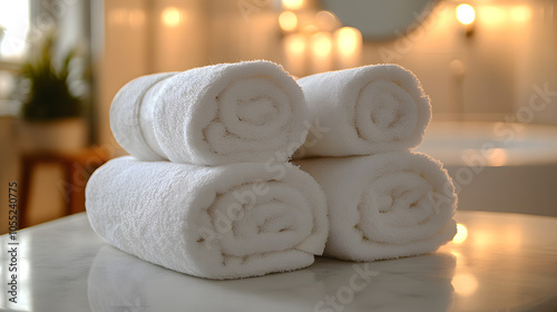 Close-Up of Neatly Folded White Towels on a Wooden Table, Exuding a Sense of Cleanliness and Serenity. Perfect for Spa and Home Decor Inspiration 