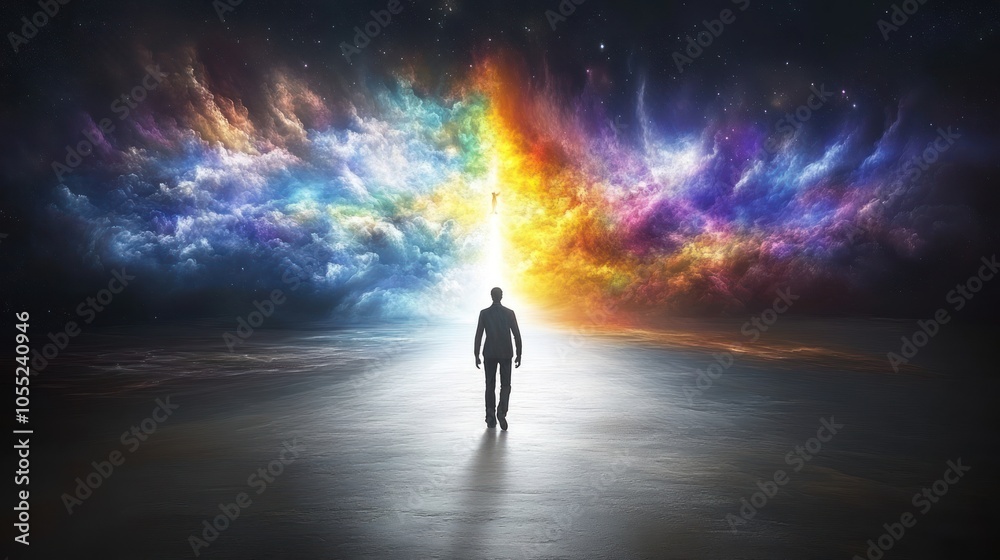 Journey Beyond: An Abstract Figure Steps into a Vibrant Cosmic Portal of Light and Color, Exploring New Realms of Existence and Imagination. Journey Beyond: An Abstract Figure Steps into a Vibrant Cosmic Portal of Light and Color, Exploring New Realms of Existence and Imagination.