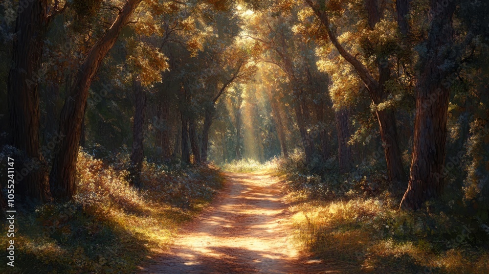 A quiet forest trail with tall trees on either side, sunlight filtering through the branches,