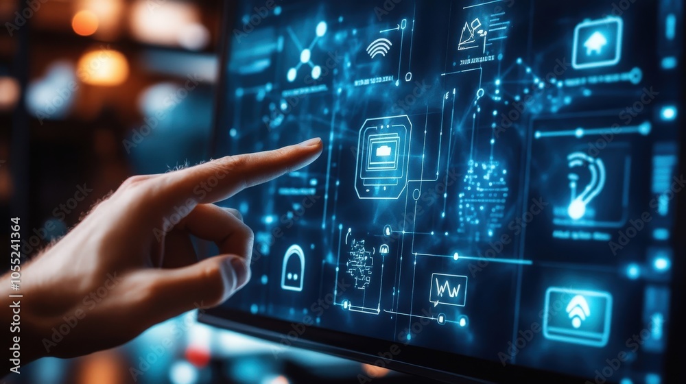 A person using a smart wearable device to control digital appliances, lights A person using a smart wearable device to control digital appliances, lights