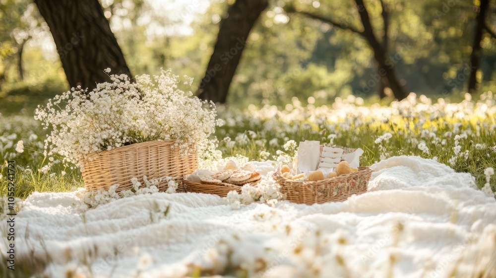 A romantic White Day picnic setup in a park, with a white blanket, A romantic White Day picnic setup in a park, with a white blanket,
