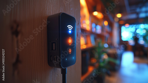 Wi-Fi connectivity device mounted on wooden wall in a cozy cafe during evening hours
