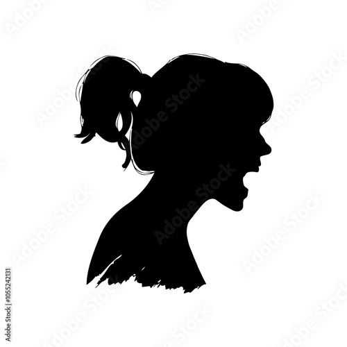 A black silhouette of a woman shouting, with a simple graphic style, on a white background, concept of expression