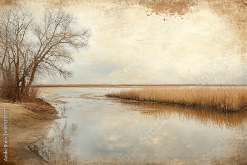 calm background with a river and tree