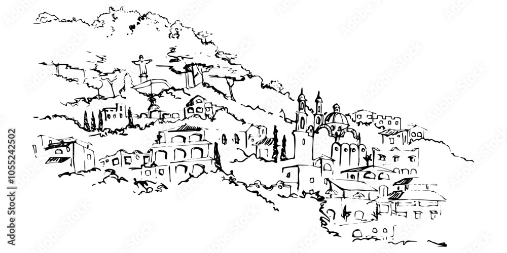 Fototapeta premium South Central America mountain slope with city buildings houses trees, religious monument cityscape. Hand drawn ink vector illustration, isolated scenic landscape. Design travel, vacation, brochure