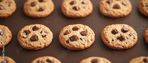 Freshly baked chocolate chip cookies arranged in a neat line, golden brown with chocolate pieces, perfect for dessert or snack.