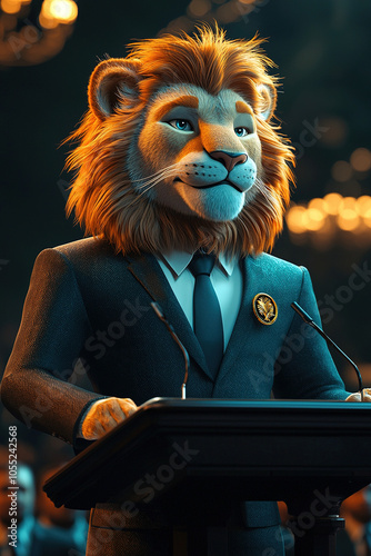 Lion politician giving a speech at podium with microphones