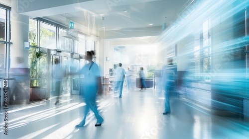 Motion blur effect of hospital personnel walking through a corridor