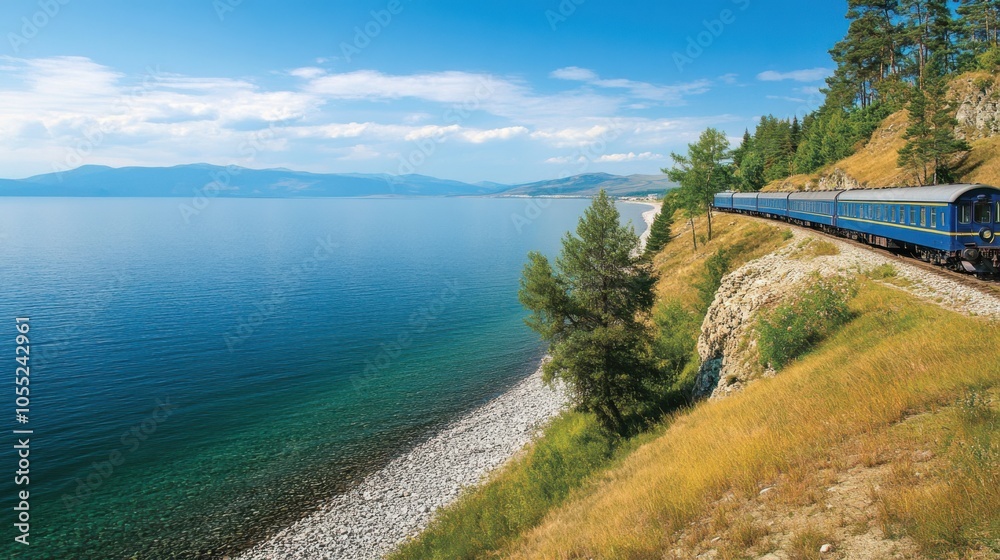 A scenic view of the Trans-Siberian Railway running along the shore of Lake Baikal A scenic view of the Trans-Siberian Railway running along the shore of Lake Baikal