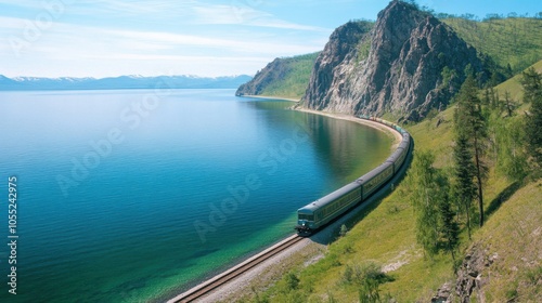 A scenic view of the Trans-Siberian Railway running along the shore of Lake Baikal