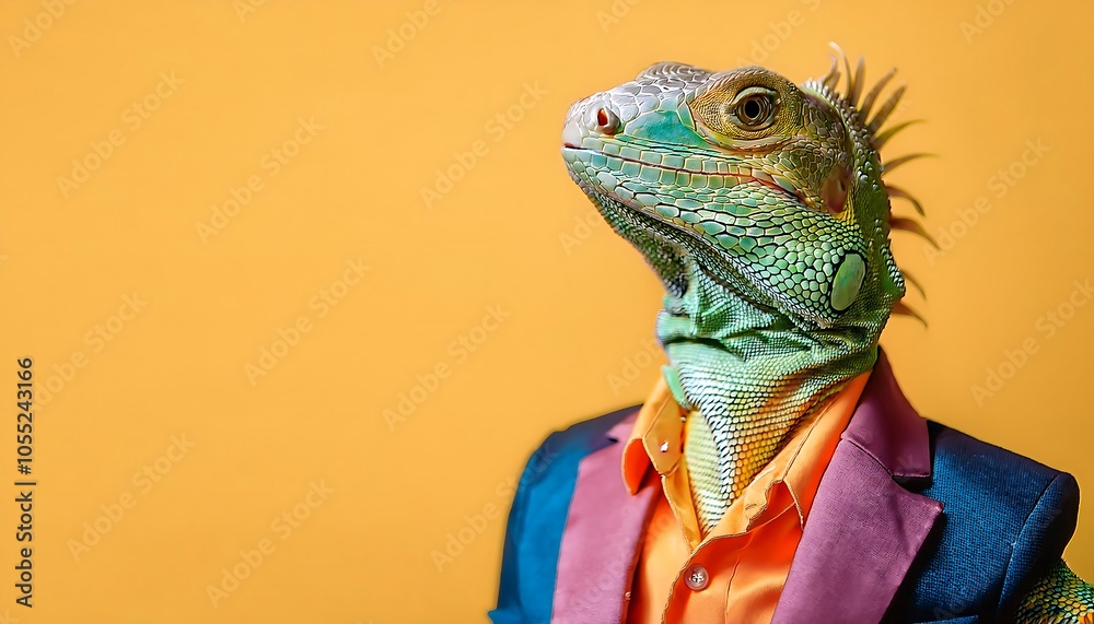 Creative animal concept. Group of basilisk in funky Wacky wild mismatch colourful outfits on