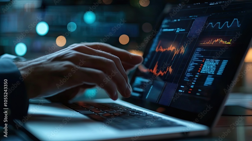 A Person's Hands Typing on a Laptop with Financial Data Displayed on the Screen A Person's Hands Typing on a Laptop with Financial Data Displayed on the Screen