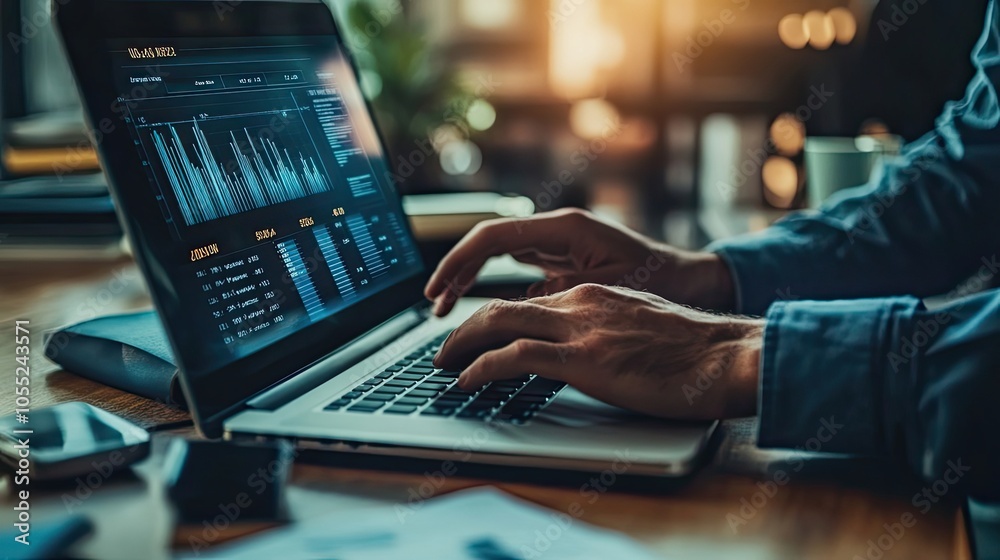 Man Working on Laptop Analyzing Financial Data with Charts and Graphs Man Working on Laptop Analyzing Financial Data with Charts and Graphs