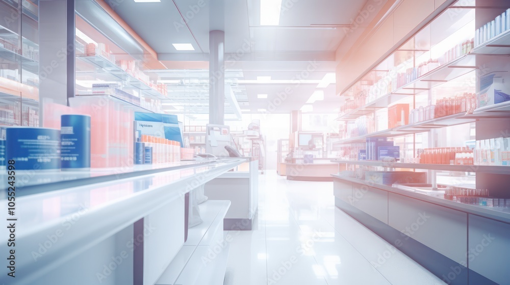 The blurred backdrop of a bright pharmacy room where shelves are lined with various medicines The blurred backdrop of a bright pharmacy room where shelves are lined with various medicines