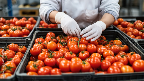 Person wearing white gloves sorting ripe red tomatoes in industrial crates in a food processing facility, highlighting quality control in fresh produce handling.