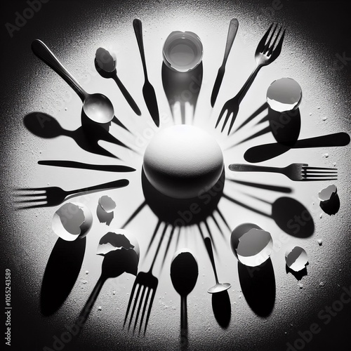 159 Photogram Egg Shadows Arranging cracked eggshells and utensi photo