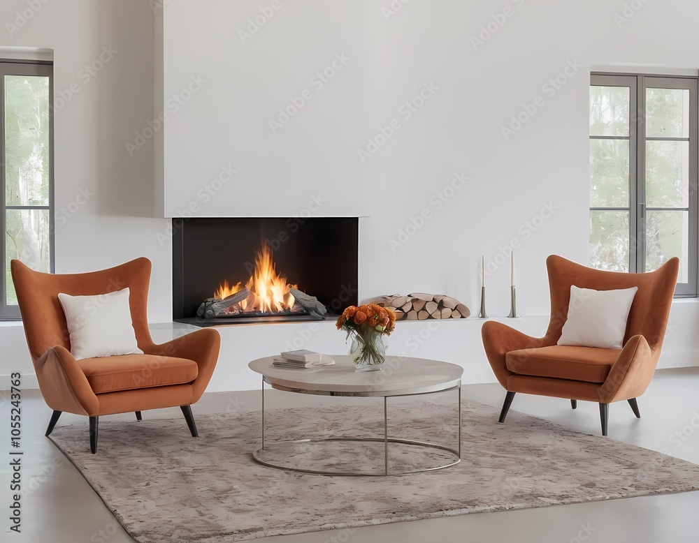 Elegant living room with a cozy fireplace in well-lit area neutral colors, modern furnishings Elegant living room with a cozy fireplace in well-lit area neutral colors, modern furnishings