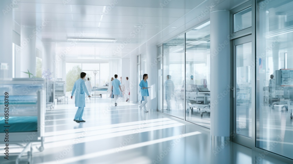 The corridor of a healthcare facility with medical staff moving through, The corridor of a healthcare facility with medical staff moving through,