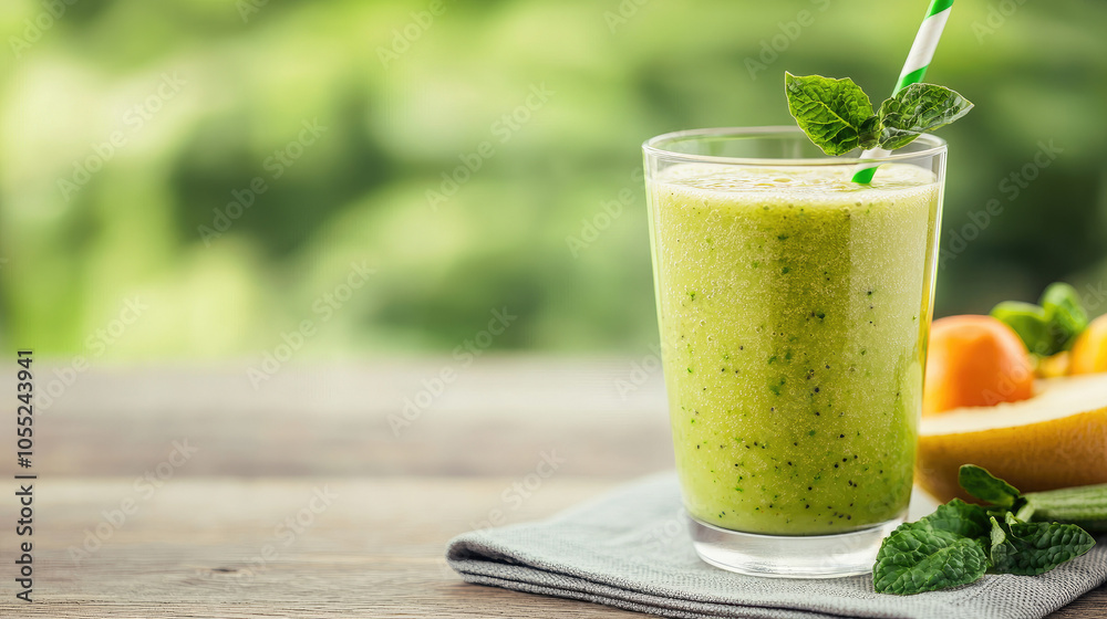 Refreshing green smoothie with mint and fruits on a wooden table, perfect for a healthy lifestyle. Refreshing green smoothie with mint and fruits on a wooden table, perfect for a healthy lifestyle.