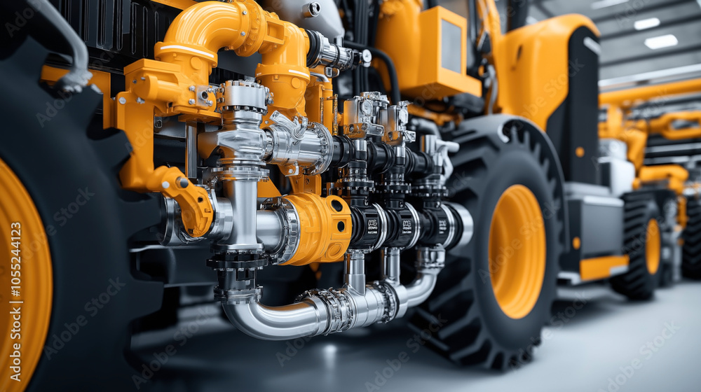 Fototapeta premium Close-up of industrial machine with bright yellow pipes, valves, and metallic components showing intricate mechanical details and large rubber wheels in a factory setting.