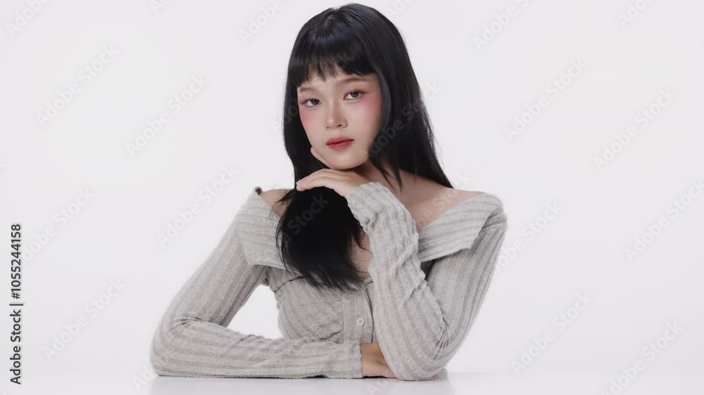 Beautiful Asian girl with healthy and perfect skin on isolated white background. Teenager facial and skin care concept for commercial advertising. Beautiful Asian girl with healthy and perfect skin on isolated white background. Teenager facial and skin care concept for commercial advertising.