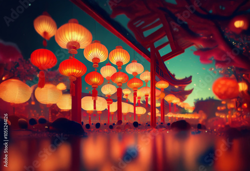 A night scene with glowing red and yellow lanterns, suspended from poles, lining a walkway under a vibrant, starry sky. photo