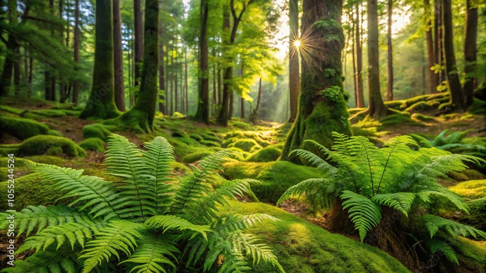 Abundant wildlife in a forest environment with ferns and moss, mosses, ferns, leafy greens, forest animals