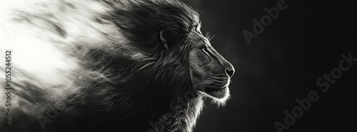 Majestic lion with flowing mane against a dark background.