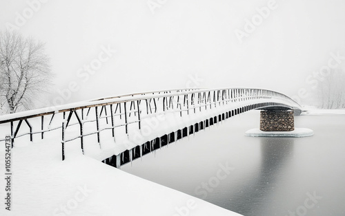 Bridge across a frozen lake in a snowy landscape, serene winter scene. photo