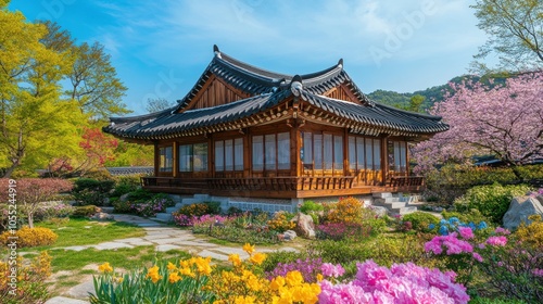 A traditional Korean hanok house surrounded by colorful spring flowers