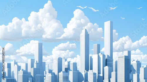 Modern City Skyline with Detailed Textures and Clouds