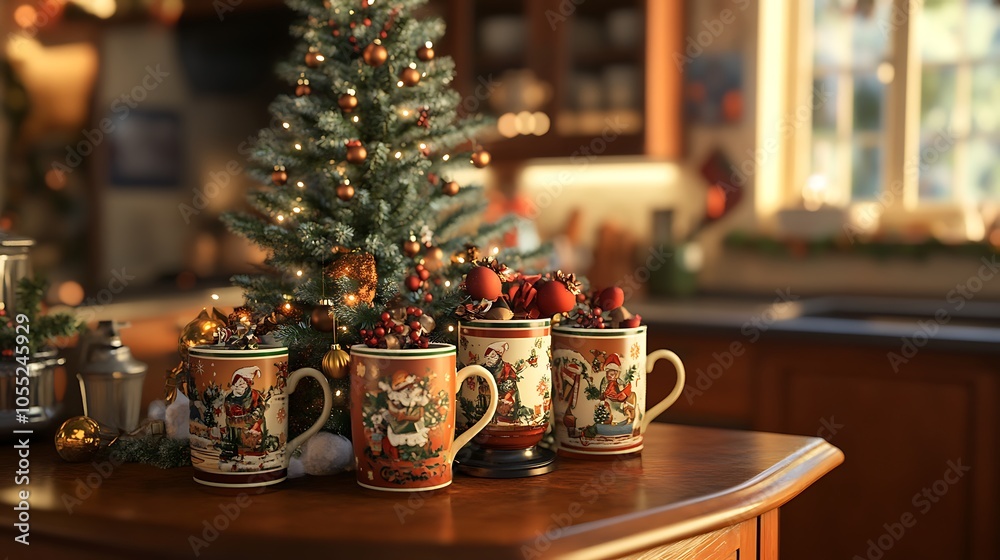 Festive kitchen with holiday-themed mugs warm tones and a Christmas tree centerpiece Festive kitchen with holiday-themed mugs warm tones and a Christmas tree centerpiece