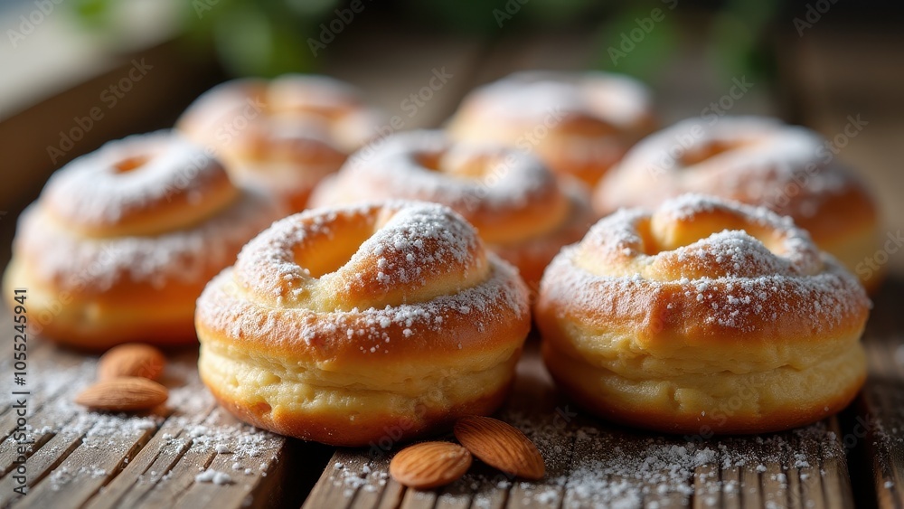 Delicious cream-filled pastries are topped with powdered sugar, placed on a wooden table with scattered almonds, creating a tempting dessert display.