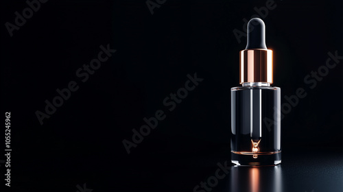  A bottle of perfume is sitting on a black surface. The bottle is clear and has a gold top. The bottle is the main focus of the image, and it is a high-end product 