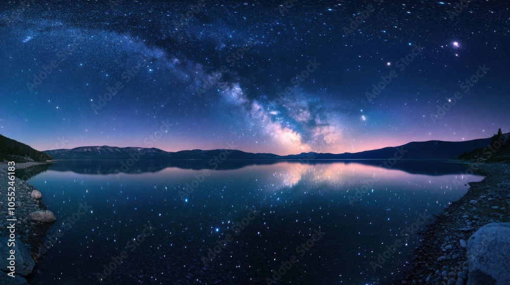 A view of the starry night sky over Lake Baikal, with the Milky Way reflected A view of the starry night sky over Lake Baikal, with the Milky Way reflected