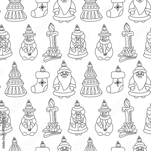 doodle pattern of Soviet Christmas tree toys. Toys made of glass. Snowman, Santa Claus, snow maiden, Christmas tree, candle, sock, vintage. Festive texture for decoration. Texture monochrome