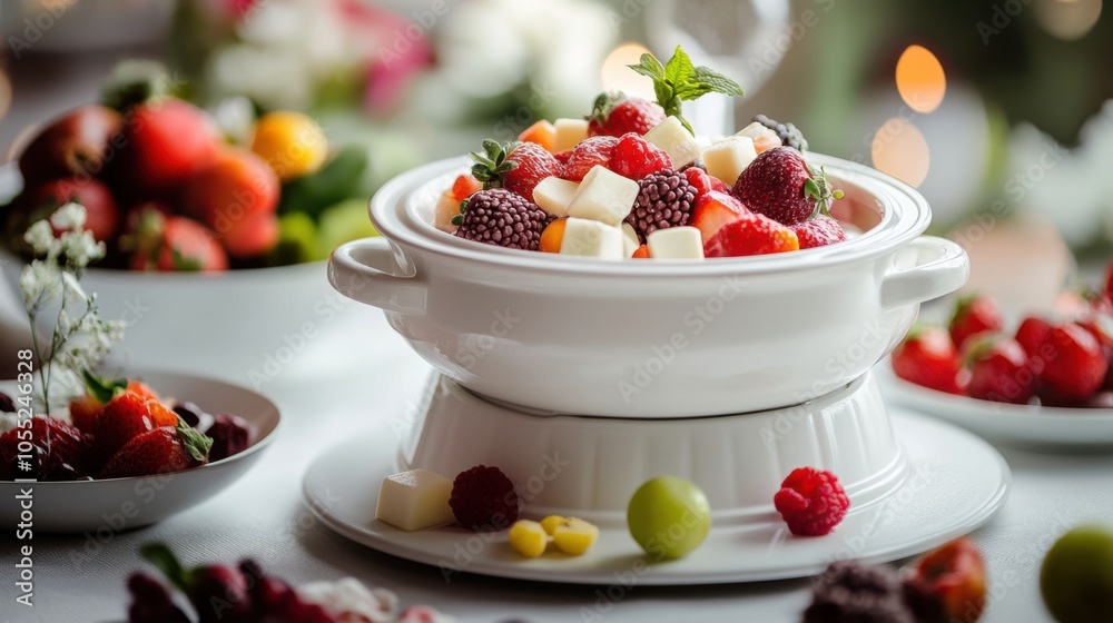 A white chocolate fondue set with fruits and sweets, A white chocolate fondue set with fruits and sweets,