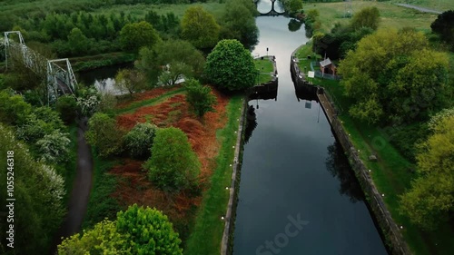 Ariel fly over locks on the Aire and Calder canal on a moody stormy morning. photo