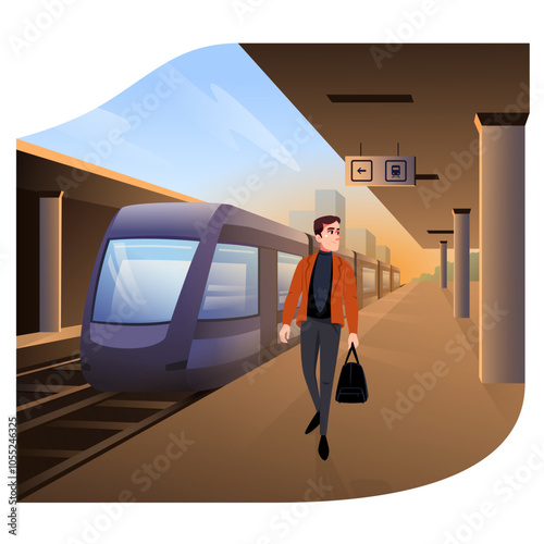 Man walks with a bag at the train station