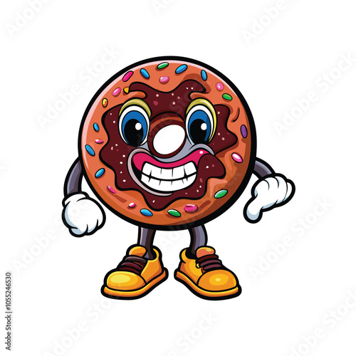 A cartoon donut with a bite taken out, wearing a surprised expression and a tiny chef's hat, holding a spatula in one hand.