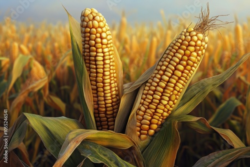 Corn cobs with corn plantation field background. corn plantation