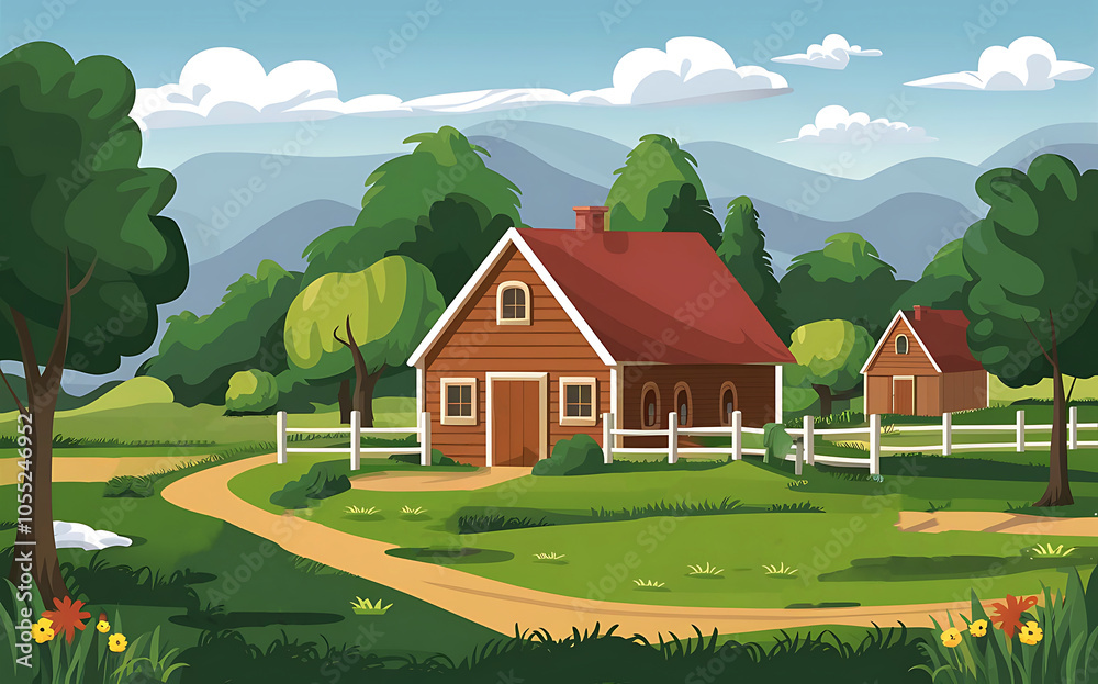 Amazing Farm Animal and Village House Vector Illustration – Natural Rural Scene Background.