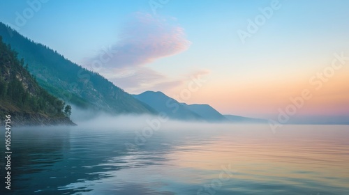 Wallpaper Mural A wide shot of Lake Baikal at dawn, with the first light of day illuminating the mist Torontodigital.ca