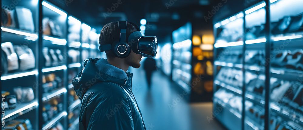 Man Wearing VR Headset in a Supermarket Aisle Man Wearing VR Headset in a Supermarket Aisle