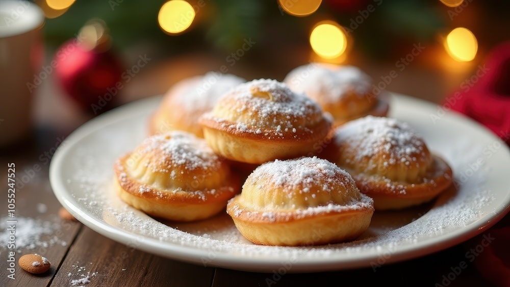 Golden pastries dusted with powdered sugar on a green plate, holiday decorations in the background, creating a cozy festive atmosphere. Golden pastries dusted with powdered sugar on a green plate, holiday decorations in the background, creating a cozy festive atmosphere.